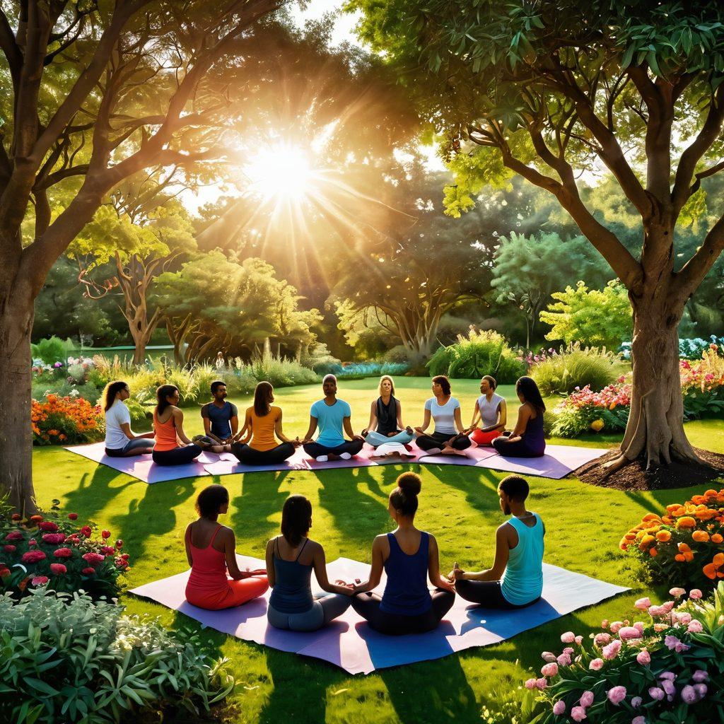 A vibrant, interconnected web of diverse individuals sharing and exchanging ideas in a serene park setting, surrounded by lush greenery and colorful flowers. Various visual elements represent wellness and learning, like books, yoga mats, and plants. The sun is setting, casting a warm golden glow over the scene, symbolizing progress. The overall mood is uplifting and inspiring. super-realistic. vibrant colors. 3D.