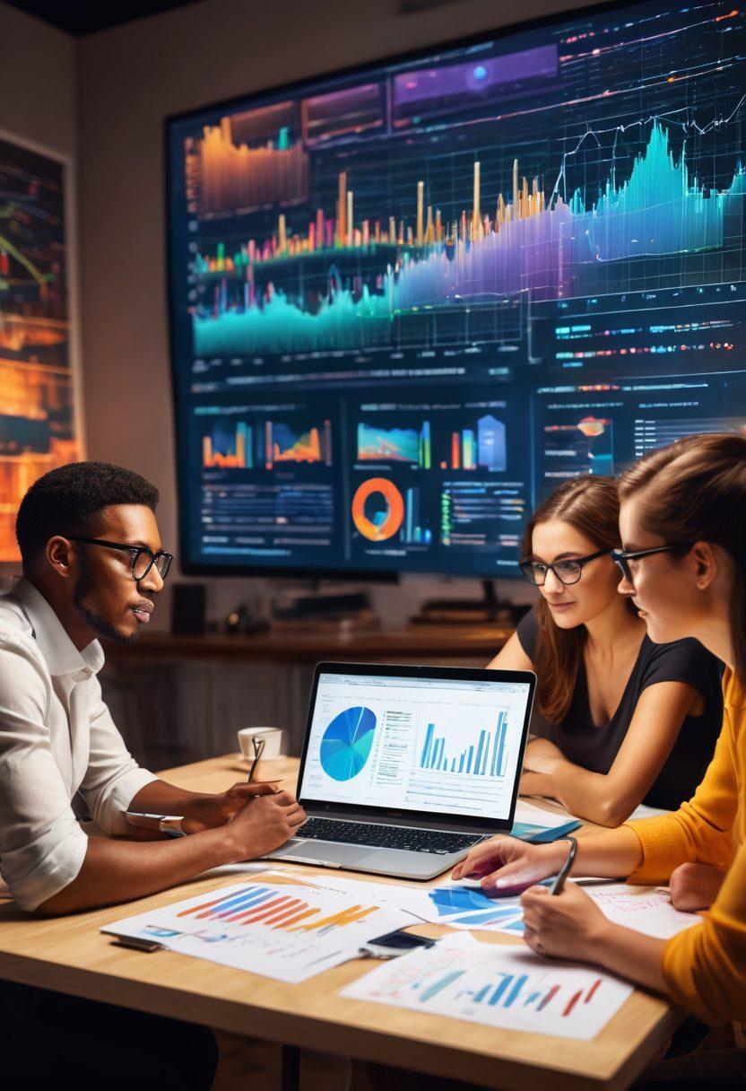 A diverse group of people engaged in a lively discussion around a table, with laptops and notebooks filled with data visualizations and analytics. In the background, vibrant charts and graphs float above them, symbolizing digital connections and ideas flowing freely. The atmosphere should exude empowerment, collaboration, and creativity. super-realistic. vibrant colors. warm lighting.