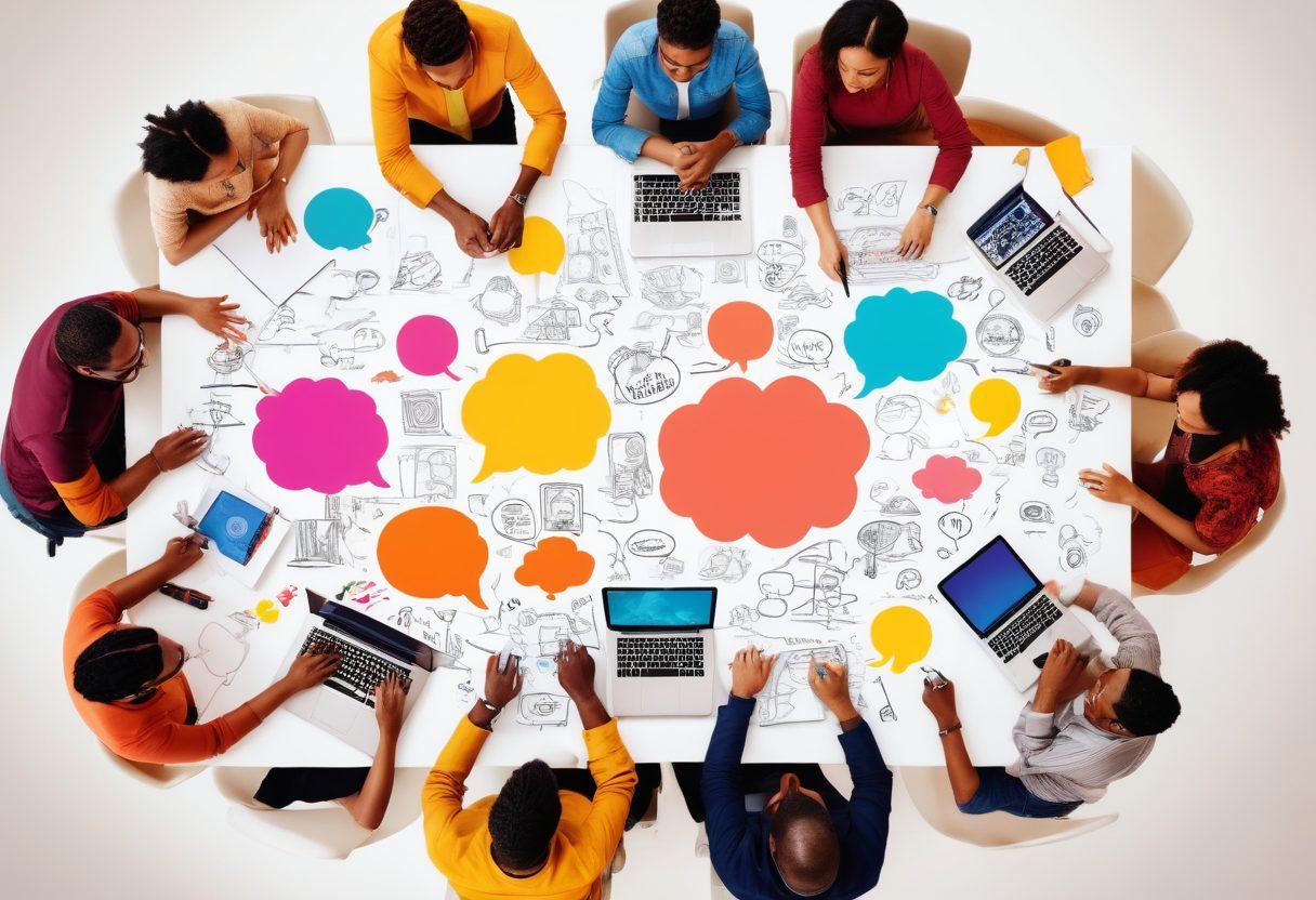 A vibrant collage showcasing diverse people from various cultures collaborating around a large table filled with creative tools like sketchpads, laptops, and cameras. Above them, colorful thought bubbles filled with engaging content ideas float, symbolizing transformation and unity. The background features a beautifully blended sunset to represent new perspectives. super-realistic. vibrant colors. white background.
